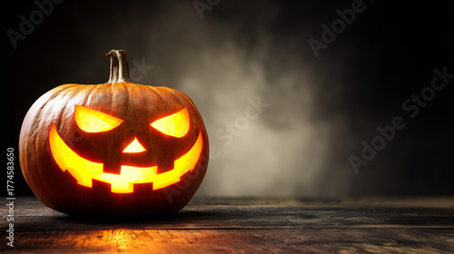 Glowing Halloween Pumpkin with Sinister Smile on Dark Eerie Background, Carved Jack-o'-lantern for Spooky Celebration