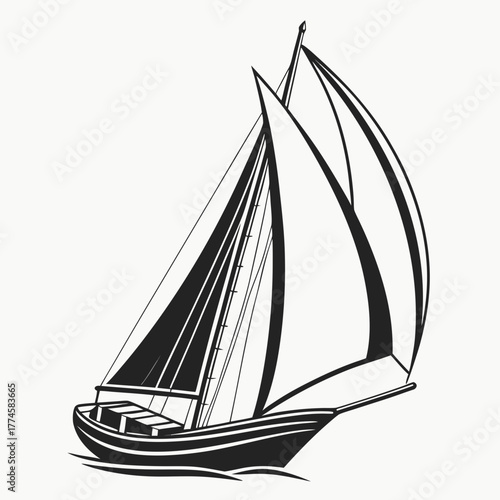 Black and white illustration of a sailboat with full sails on white background sailing