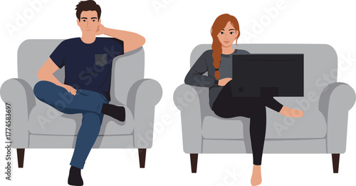 Man and woman sitting on separate couches, relaxing at home, watching TV together, casual lifestyle illustration, cozy modern living room vector concept