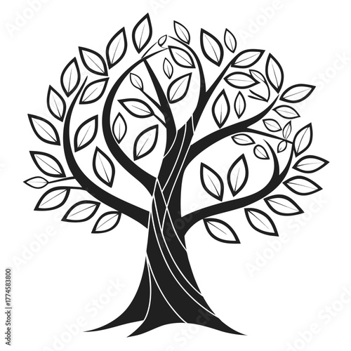 Black and White Stylized Tree with Rounded Canopy and Detailed Leaves silhouette