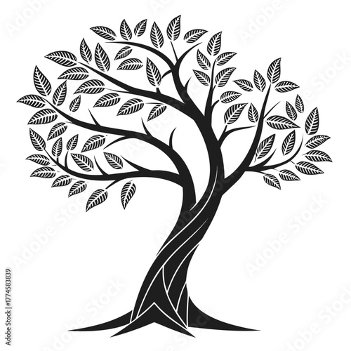 Stylized Black Tree Silhouette with Detailed Leaves and Twisted Trunk black and white