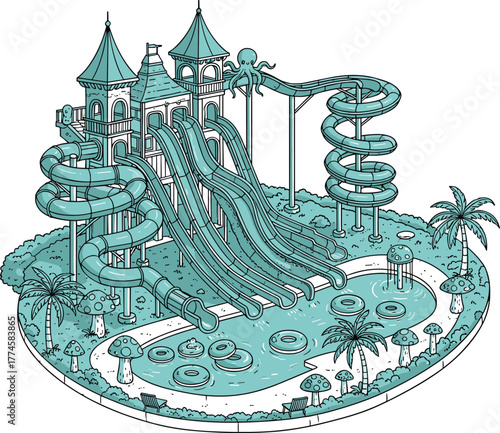 Colorful water park illustration, fantasy aqua castle with slides, tropical summer adventure pool, family fun resort attraction, cartoon vector playground, aquatic entertainment design