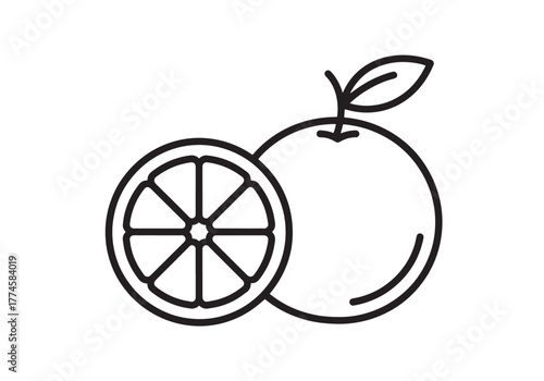 Orange with leaves outline vector, a modern orange icon art design, black vector of an orange, simple orange art, an orange fruit isolated