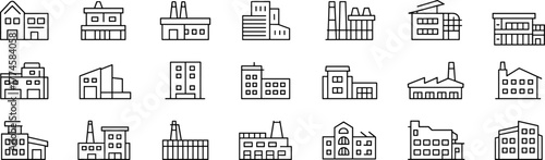 Factory building icon set, industrial vector illustration collection, modern manufacturing plant and warehouse architecture design, production facility outline symbols, construct