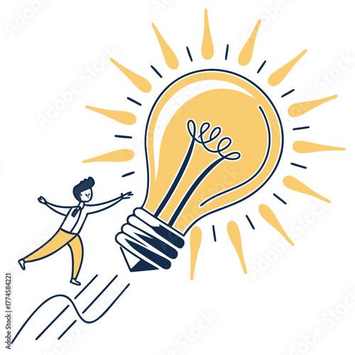 Person Chasing a Giant Light Bulb Idea Symbol concept innovation