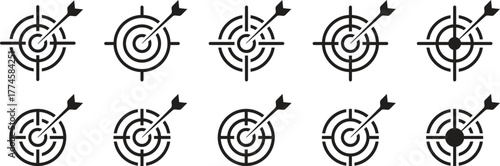 Set of goals. Target icon. Archery target with arrow isolated, goal symbol. Target and goal abstract vector icons set