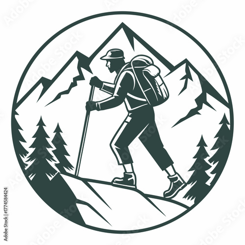 Dark Silhouette of Hiker Ascending Mountain in Circle climbing trekking