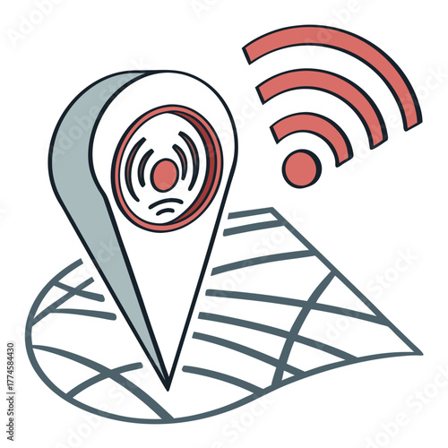 Gray GPS Pin Icon with Wi- Fi Signal Over Map location navigation