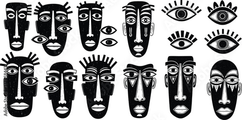 Abstract Primitive Faces and Eyes African Tribal Art Vector