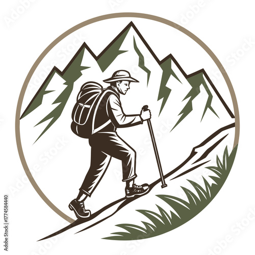Hiker with Backpack and Poles Ascending Mountain in Circle climbing trekking
