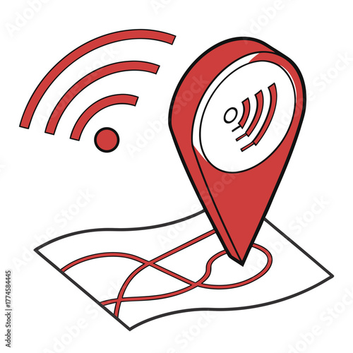 Red GPS Pin Icon with Wi- Fi Signal Over Map location navigation