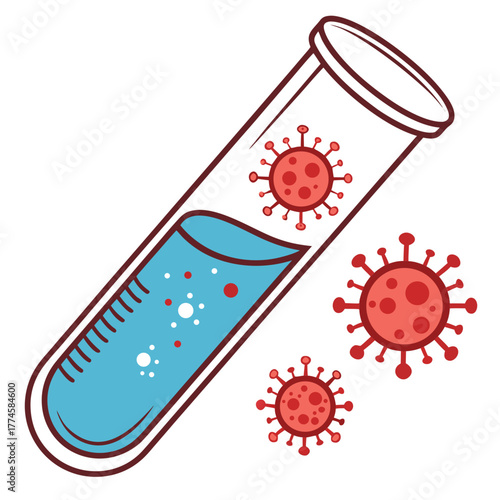 Red Coronavirus Particles and Test Tube with Blue Liquid covid science