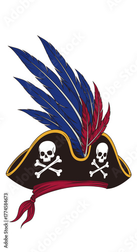 Pirate Hat with Skull and Crossbones and Feathers.