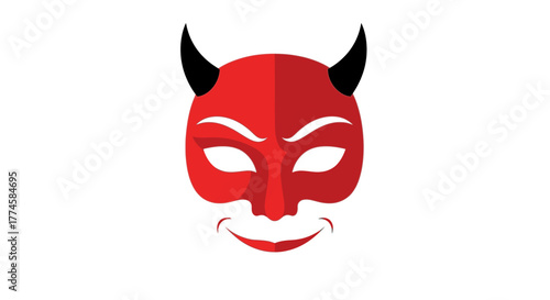 Red Devil Mask with Black Horns Illustration.