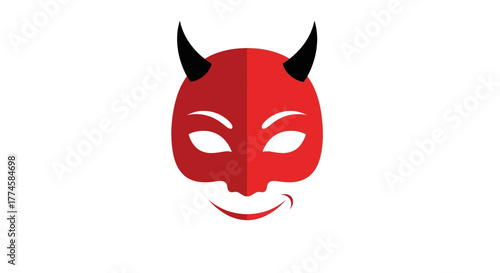 Red Devil Mask with Horns and Mischievous Smile.