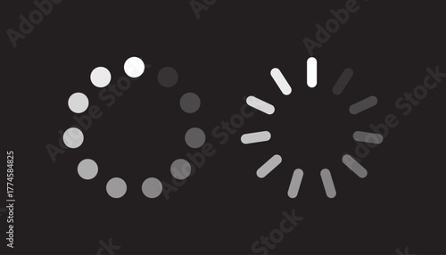 Two dark mode loading animations one using fading dots the other using radial lines representing a wait state or background process.