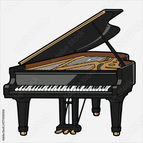 Illustration of a grand piano with the lid open, showcasing the interior mechanism against a plain white background.