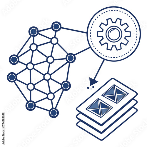 Network Nodes Connected to Gear and Data Stack Icon connection technology