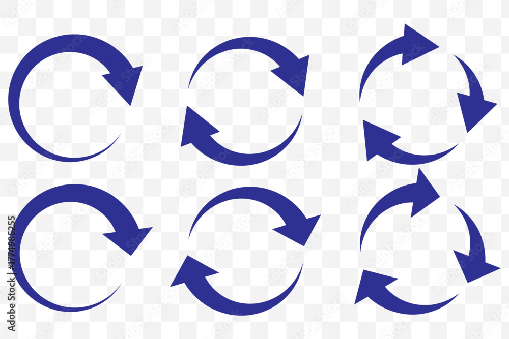 Fototapeta premium Blue circle arrows icon set. Round reload sign, repeat icon, rotate arrow symbol, arrow pictogram, refresh reload rotation loop sign set