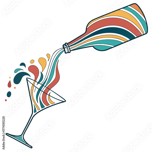 Stylized martini glass receiving colorful liquid from a bottle pouring splash