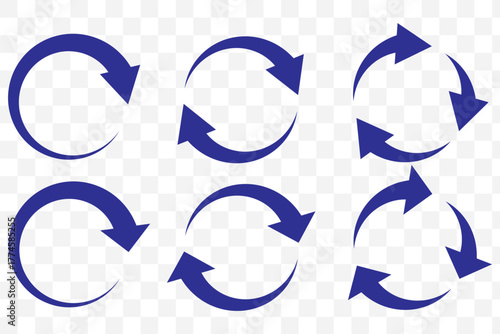 Blue circle arrows icon set. Round reload sign, repeat icon, rotate arrow symbol, arrow pictogram, refresh reload rotation loop sign set