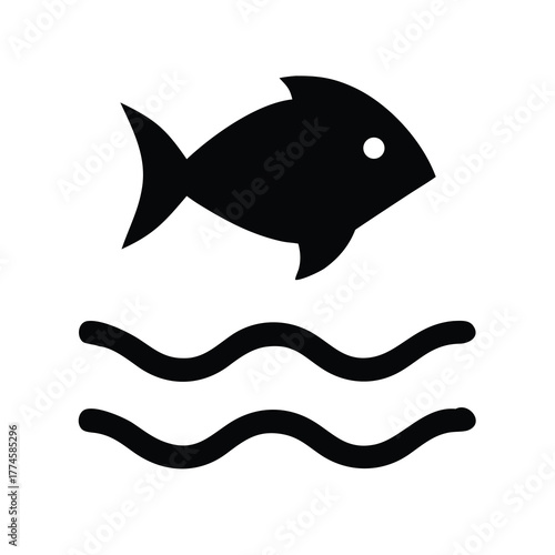Simple black silhouette of a fish swimming above wavy water lines icon