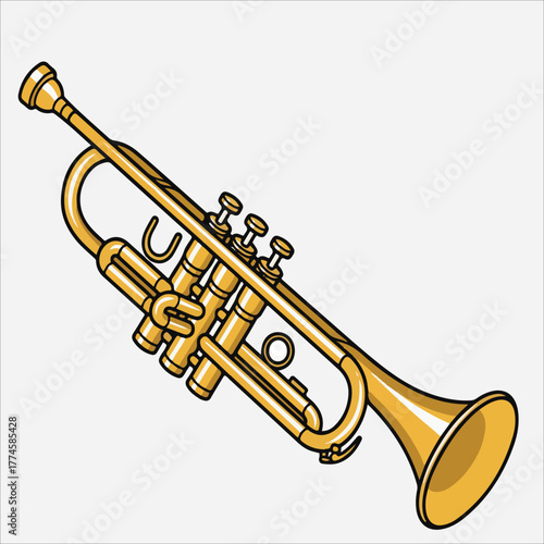 A cartoon-style illustration of a shiny golden trumpet with valves on a plain white background.