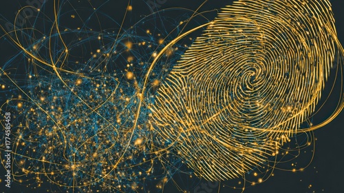 Abstract fingerprint graphic with digital data visualization on dark backdrop