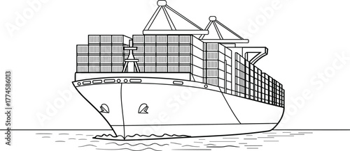 Cargo ship at sea, shipping containers, maritime logistics, ocean freight, global trade, commercial vessel, transport infrastructure, nautical industry, export import, container ship silhouette