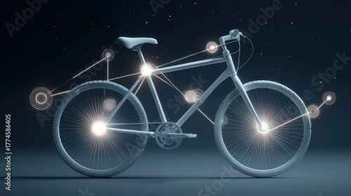 Futuristic bicycle illustration against a dark background with connected light
