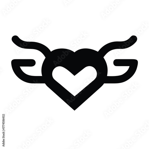 Stylized black heart with wing like appendages and horns symbol