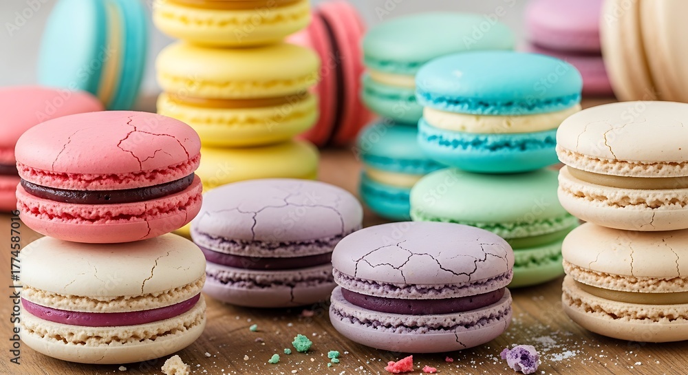 Obraz premium Colorful macarons arranged on a table top display for culinary delight