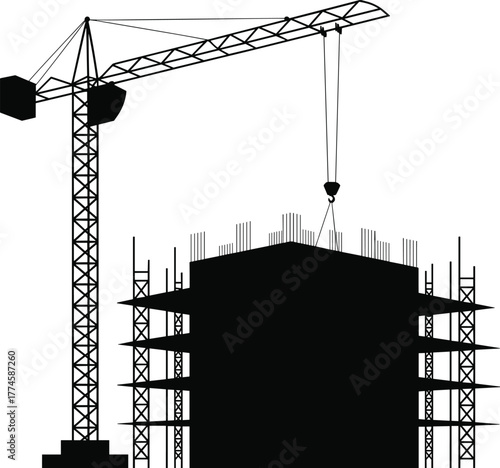 Construction site silhouette, tower crane, building under construction, urban development, structural engineering, scaffolding, concrete framework, civil infrastructure, high-rise project, 