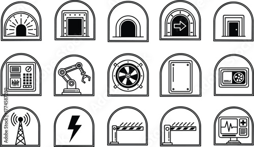 Industrial control icons set, factory automation and technology symbols, machinery and safety system line icons, energy and engineering vector illustration collection