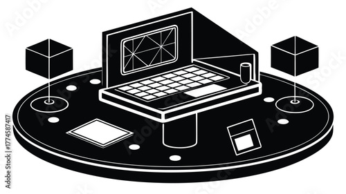 Vector illustration of an old laptop or PC for business and technology use with a screen, keyboard, and monitor for online communication