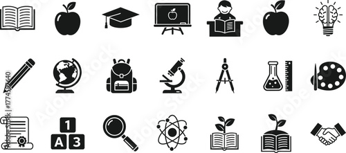 Collection of black education and learning icons representing knowledge and academic achievement isolated on transparent background