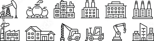 Industrial factory icon collection, construction machinery outline, manufacturing building line art, oil pump and robotic arm illustration, black and white vector industry concept, 