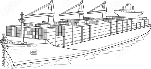 Container cargo ship at sea, maritime logistics, global trade, ocean freight, commercial vessel, shipping industry, transport infrastructure, export import, nautical silhouette, crane deck