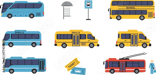 Flat design buses and transportation icons