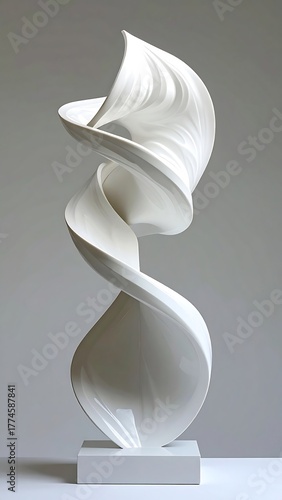 Abstract white sculpture, a smooth, spiraling form atop a simple square base