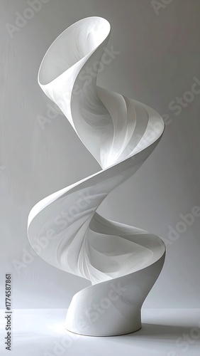 Abstract white sculpture of a flowing, twisted shape on a white surface, minimal lighting