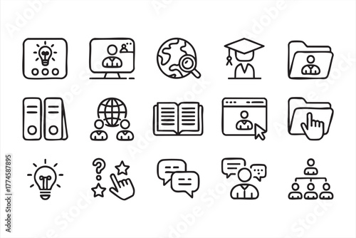 Modern line art education and teaching symbols for global e-learning design
