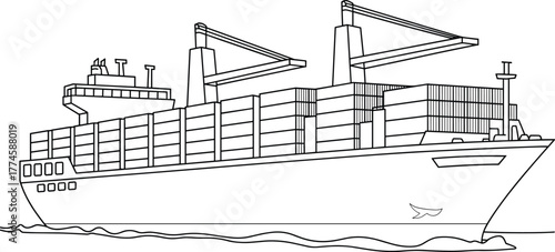 Container cargo ship at sea, maritime logistics, global trade, ocean freight, commercial vessel, shipping industry, transport infrastructure, export import, nautical silhouette, crane operation