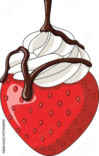 Strawberry with whipped cream and chocolate drizzle