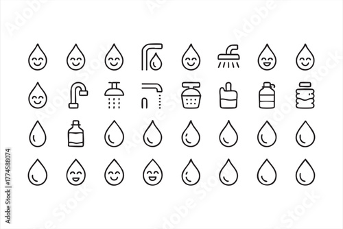 Clean water and hydration icons set in minimalist line art style