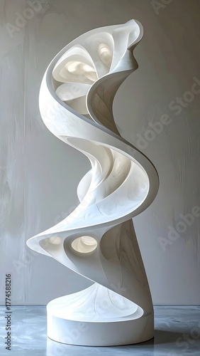 Abstract white sculpture twisting upwards with layered, curving forms against a neutral wall