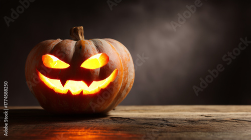 Glowing Halloween Pumpkin with Sinister Smile on Dark Eerie Background, Carved Jack-o'-lantern for Spooky Celebration