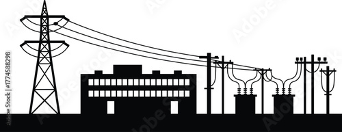 Electrical power distribution silhouette, transmission tower, utility poles, substation building, energy infrastructure, industrial facility, electricity grid, black vector, engineering network, 