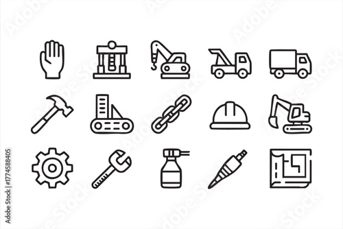 Construction and engineering icon set in black and white line art style