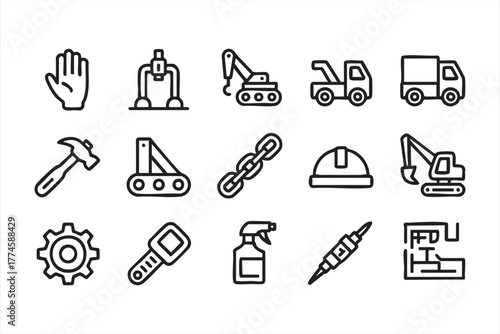 Vector outline icons of tools, machinery, and building equipment